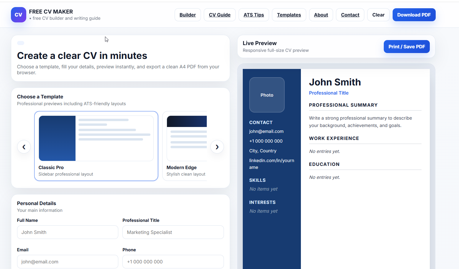 Free CV Maker builder with live CV preview